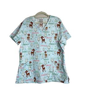 Rudolph Red Nosed Reindeer Holiday Women’s Blue Scrub Top Short Sleeve  Sz Large
